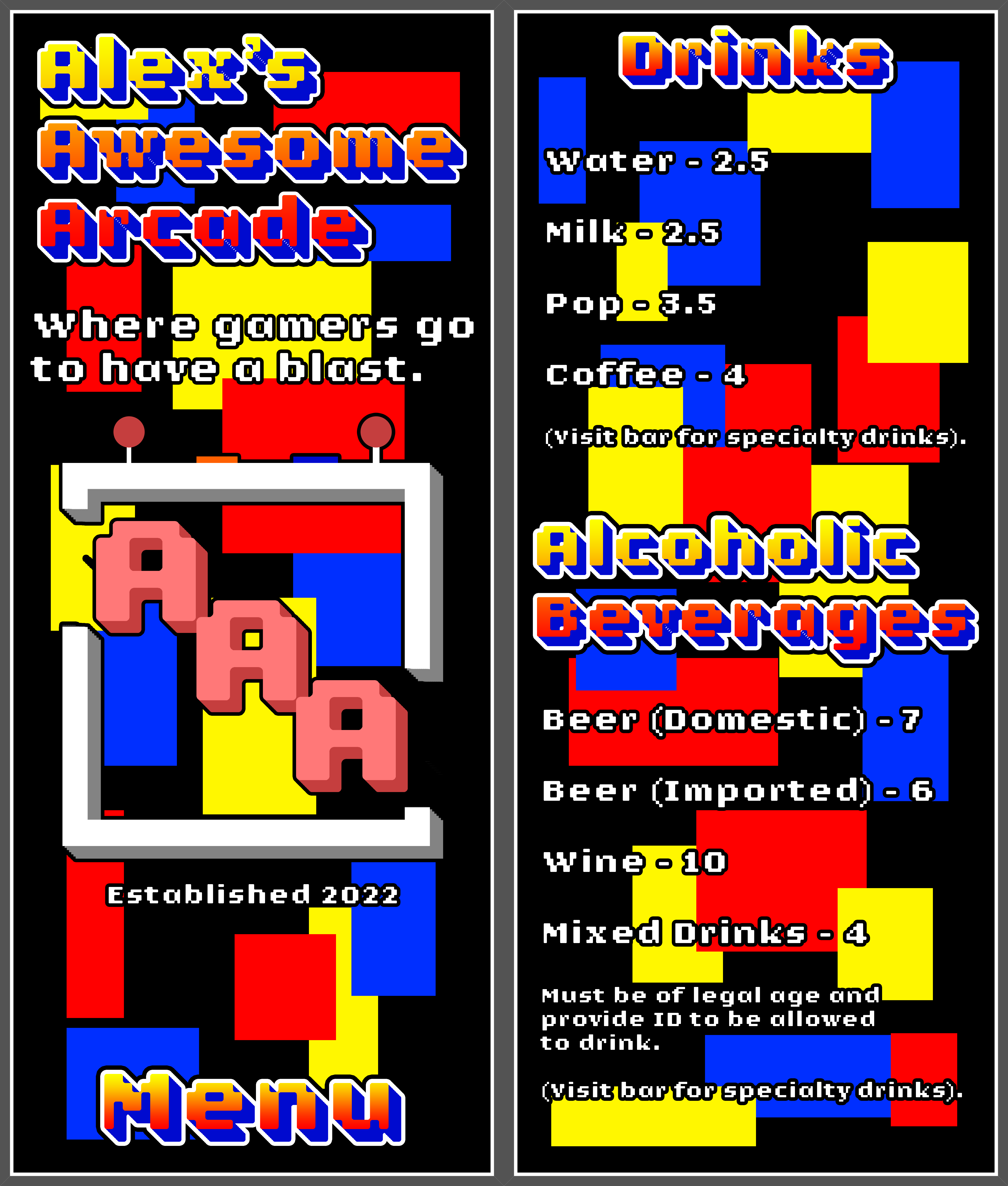 A panel from the menu of an arcade-themed restaurant.